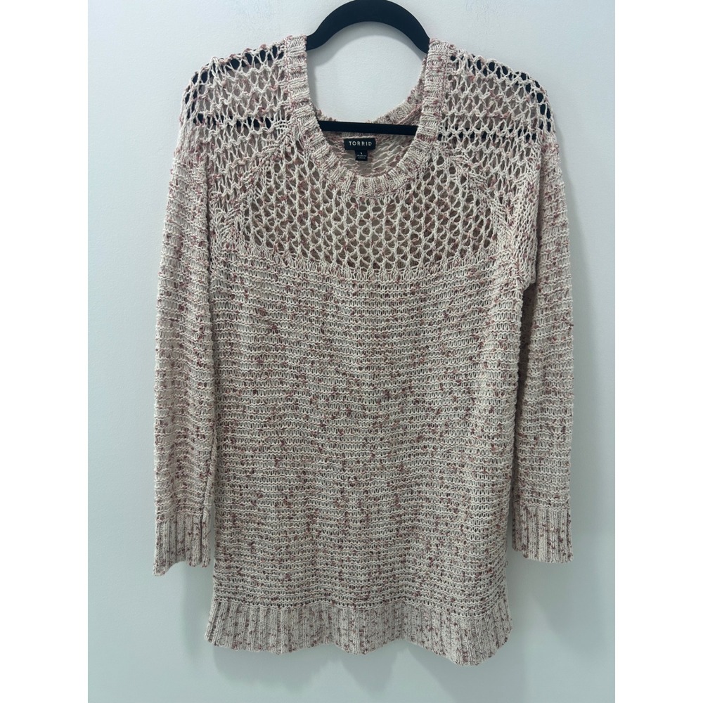 Torrid Womens Pink Cream Marled Open Knit Crochet Yoke Pullover Sweater Size 1X